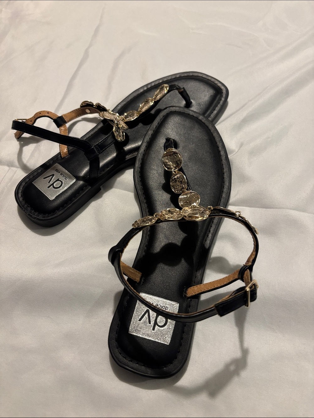 DV by Dolce Vita Black Sandals with Gold Chain Detail